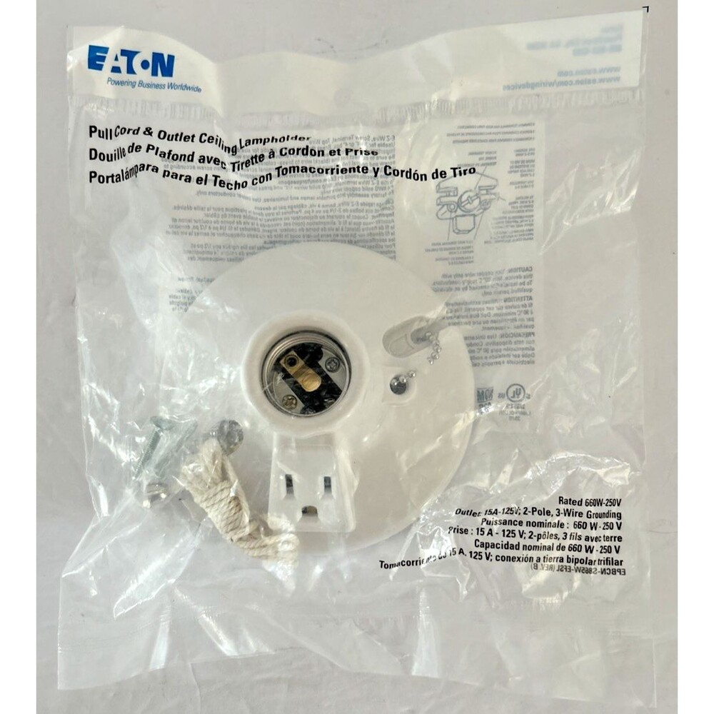 Eaton Two-Piece Plastic Outlet Lampholder Wired Pull Chain 15 amp 125 volt